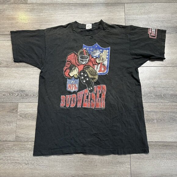 Vintage 90s Budweiser NFL Distressed T  Shirt Size XL Black  C.G.W 1993 - Picture 1 of 11
